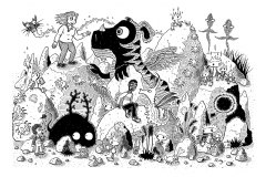 Creatures and children on rocks (Dip pen and Brush with Ink)